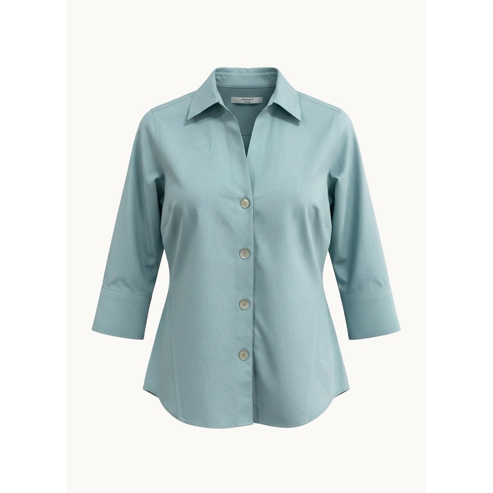 Foxcroft Size S Light Blue Green No Iron Pinpoint 3/4 Sleeve Button-Up Shirt